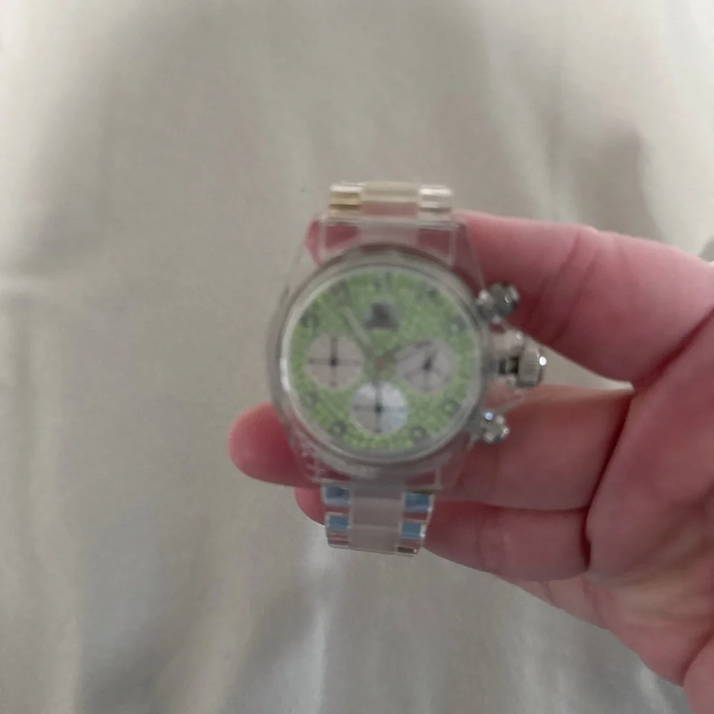 Silver and Green Watch with Clear Band